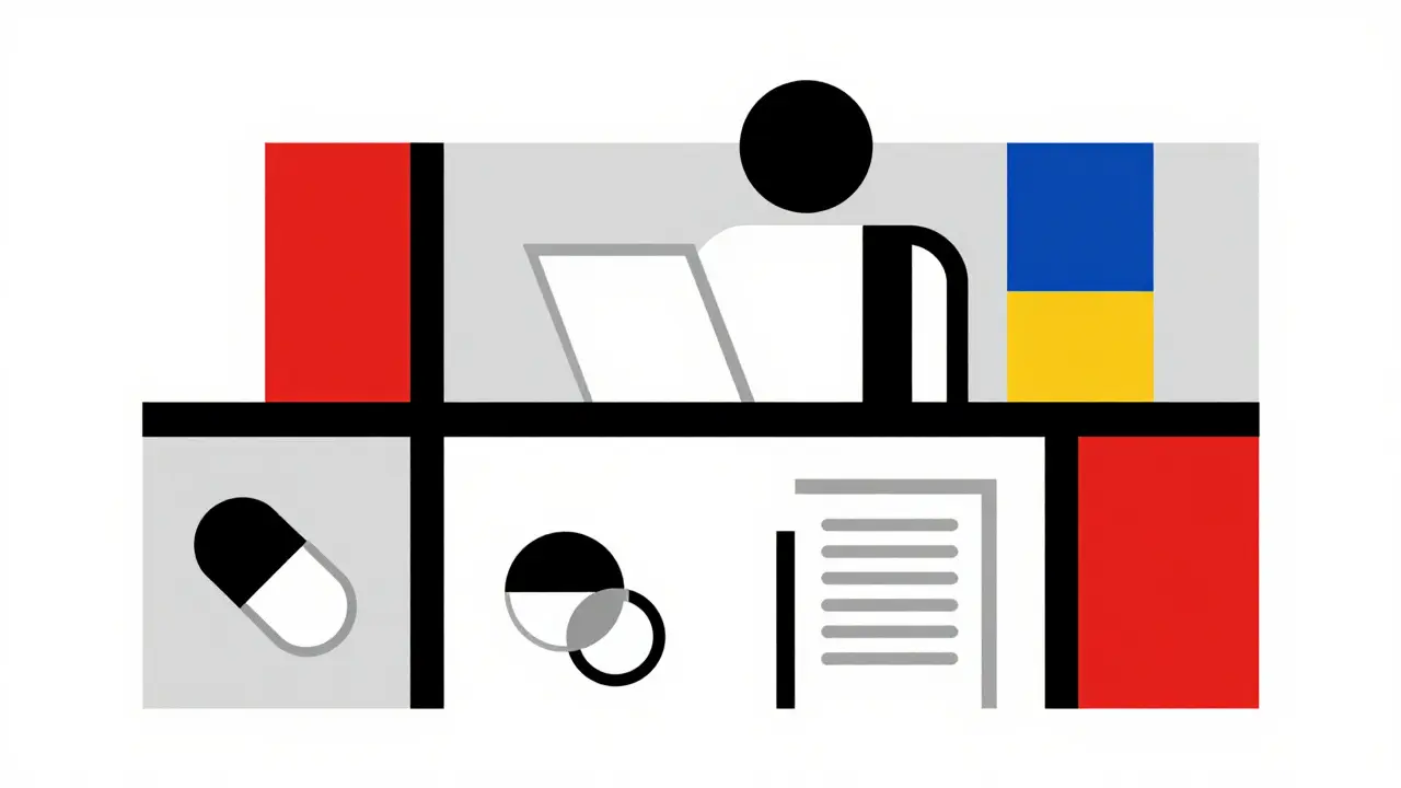 Personne stylisée consultant des informations médicales dans un style De Stijl