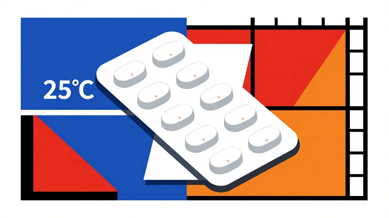 Blister de comprimés stylisé avec symboles de température De Stijl
