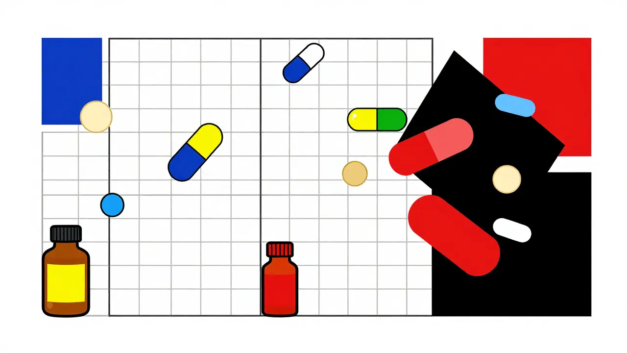 Blocs colorés illustrant les risques d'interactions médicamenteuses