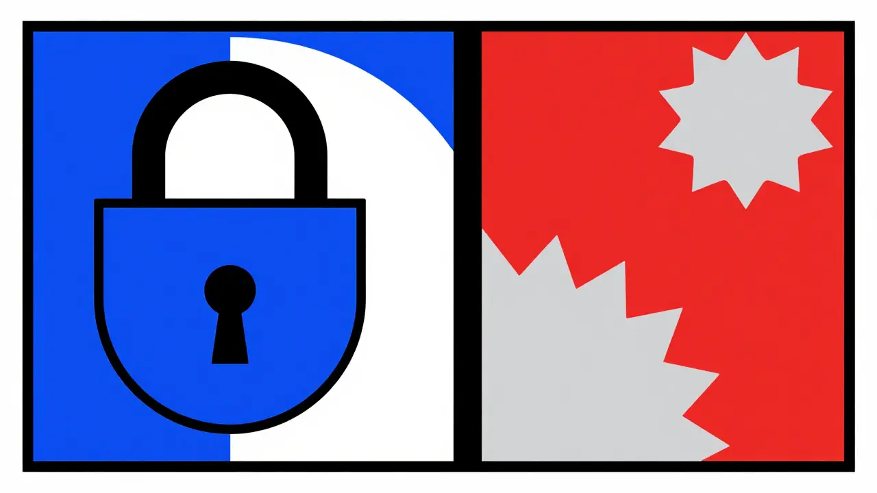 Cadenas géométrique bleu et rouge symbolisant l'achat sécurisé en ligne
