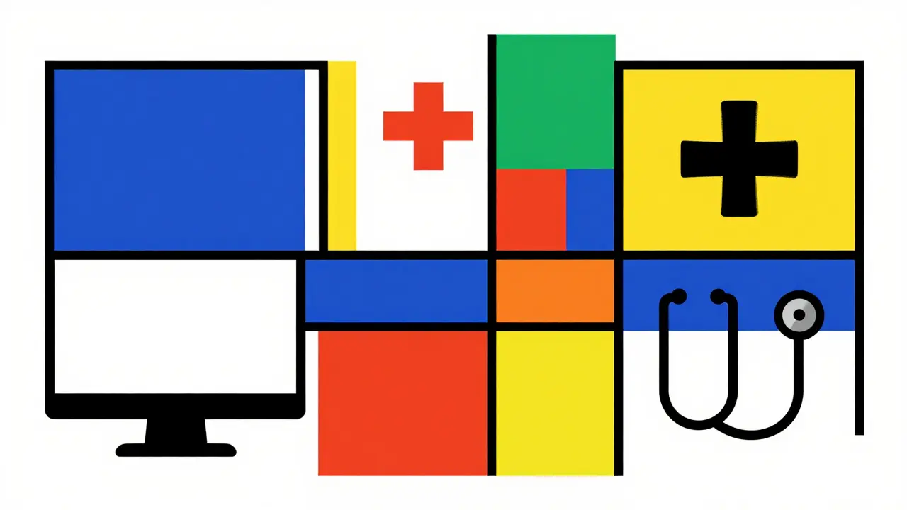 Consultation médicale en ligne illustrée par des blocs de couleurs primaires