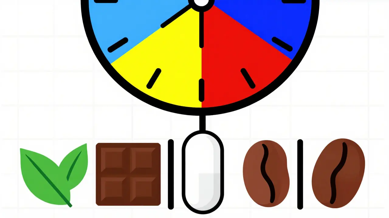 Horloge et boissons séparées par des barres noires, style géométrique De Stijl