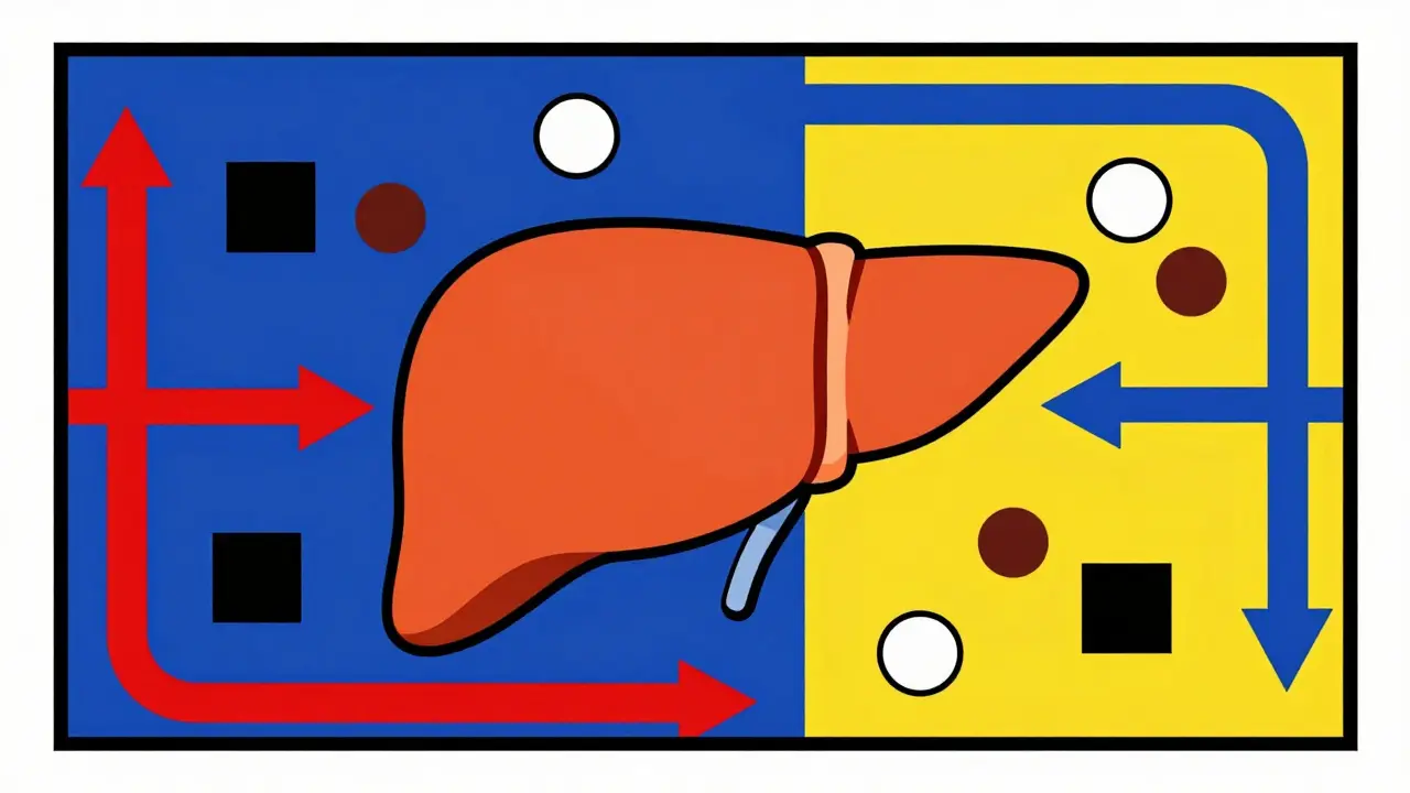 Illustration abstraite du foie et des interactions médicamenteuses en style De Stijl