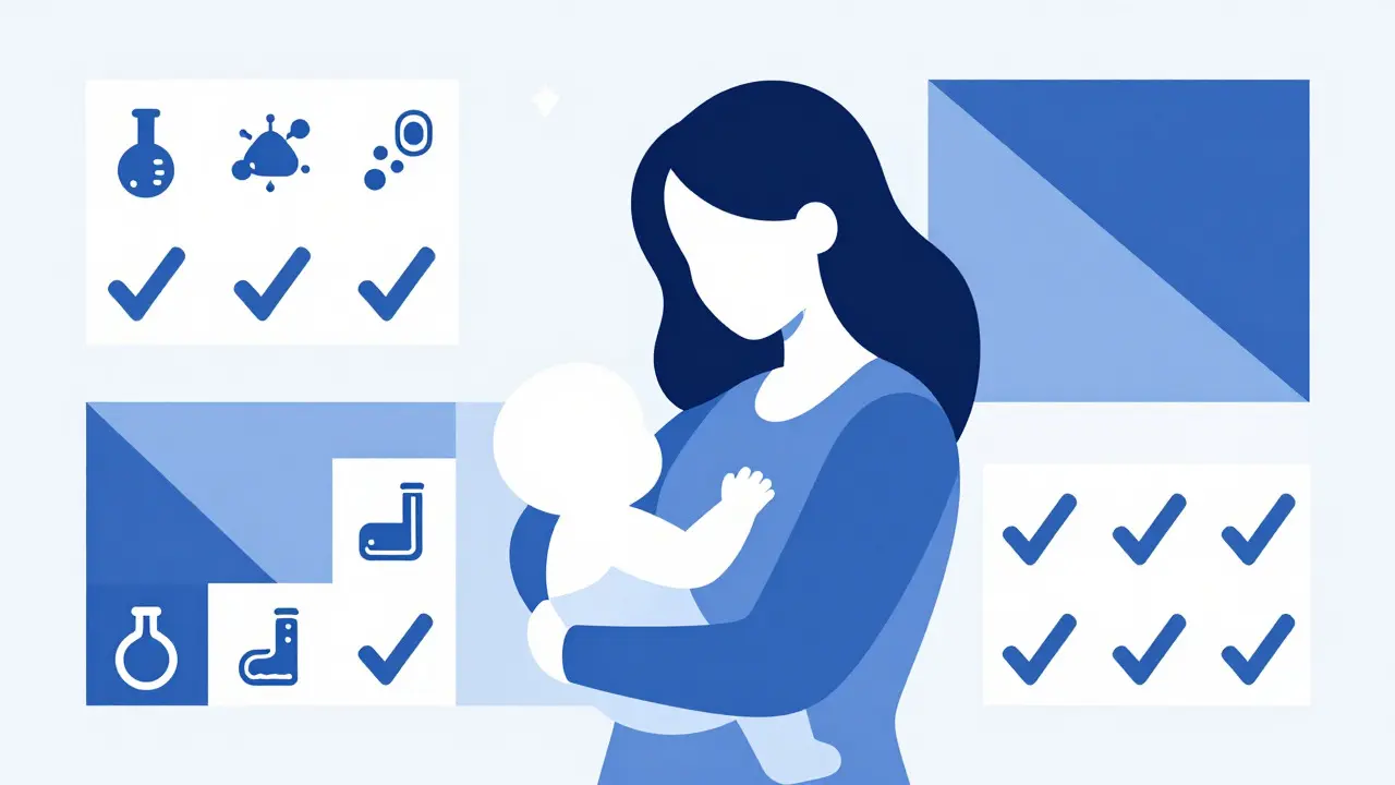 Mère et bébé entourés de symboles de sécurité médicale