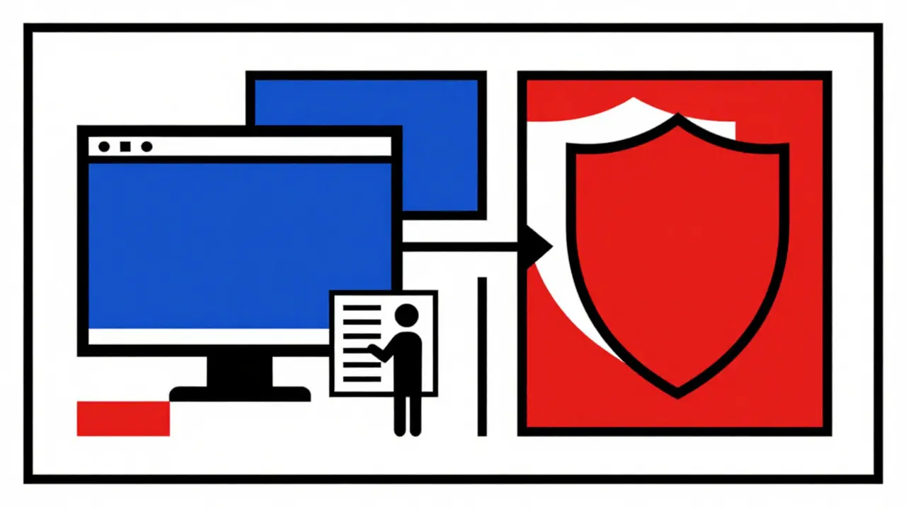 Style De Stijl : icônes géométriques bleues et rouges représentant la vérification en ligne sécurisée.