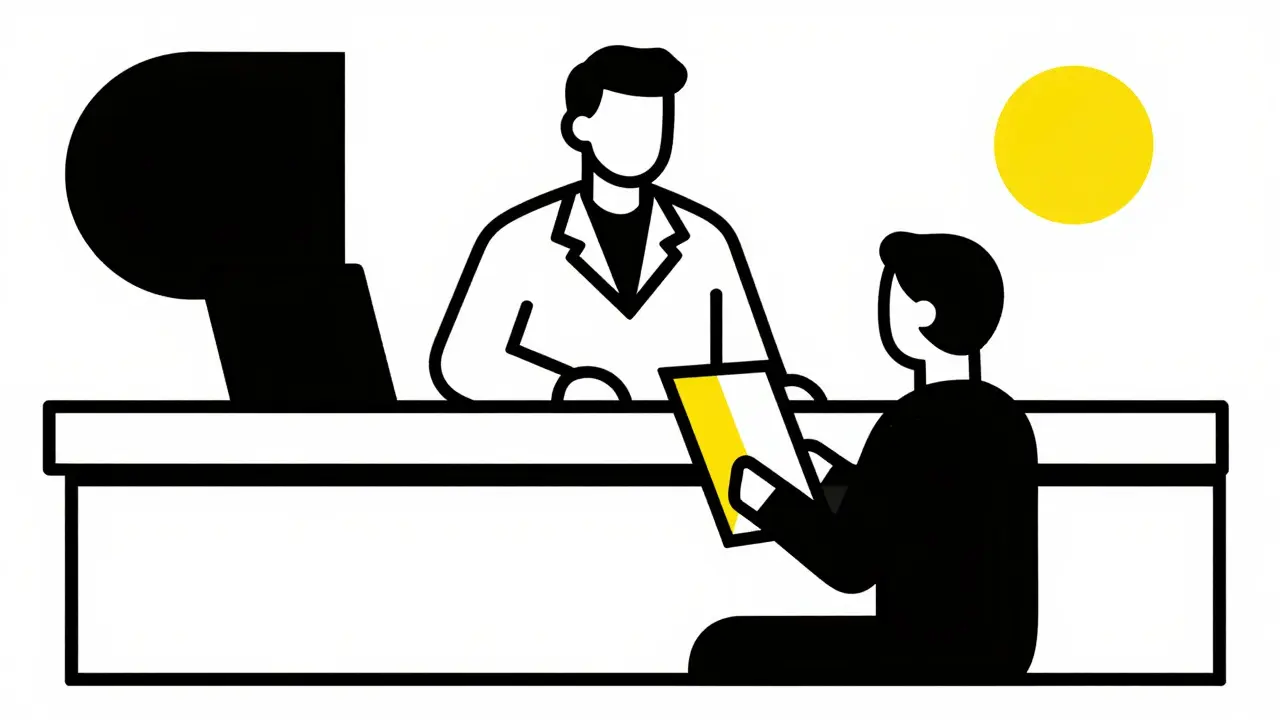 Pharmacien et patient échangant des informations dans une composition minimaliste aux couleurs primaires